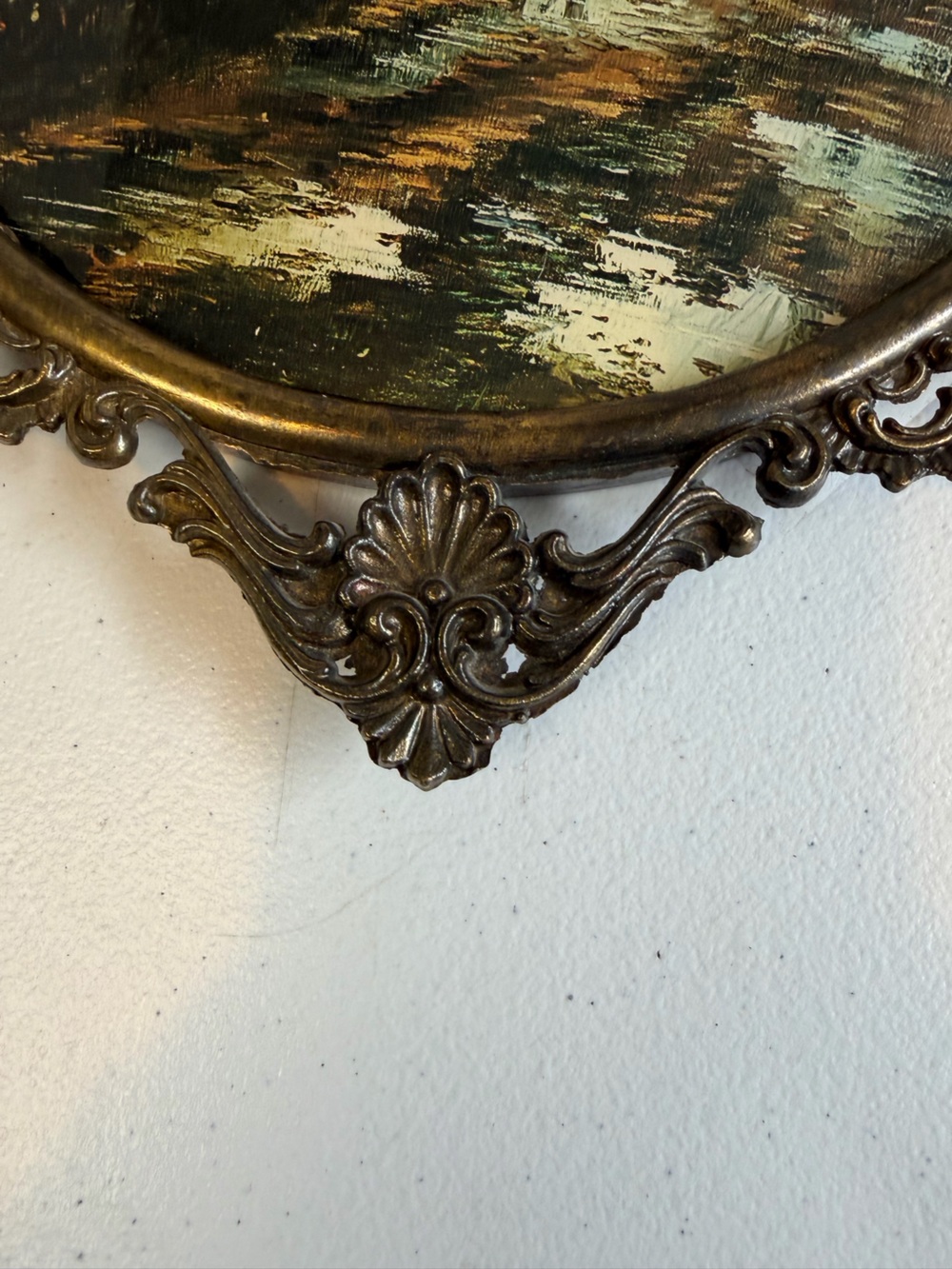 Vintage Convex Glass Landscape Art Ornate Metal Oval Frame Rococo Wall Decor - Picture 4 of 10